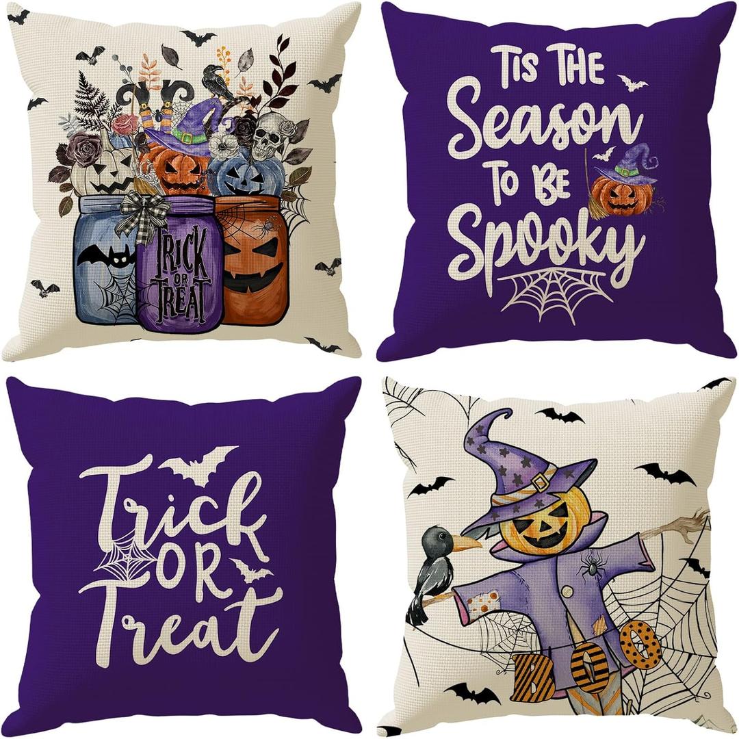 Halloween Pillow Covers Trick or Treat Vases Pumpkins Scarecrow Throw Pillow Cases Set of 4 Autumn Decorations for Farmhouse Home Bedroom Sofa Couch Outdoor Holiday Decor 16x16 Inch