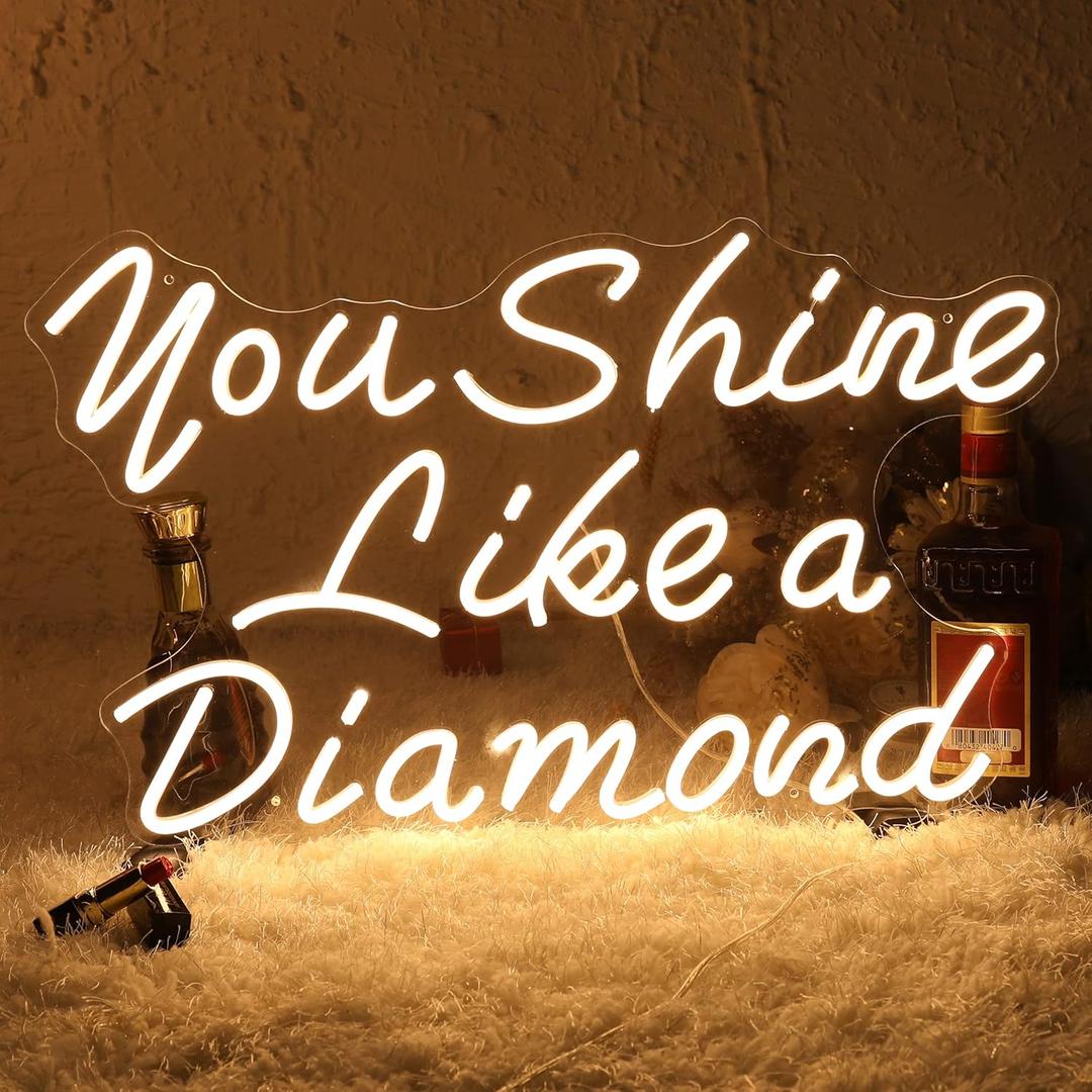 Neon Sign for Wall Decor, Yeeficent You Shine Like a Diamond Neon Lights for Bedroom Wall, 23 x 14 Inch Dimmable Neon Signs, Custom Light Up Sign for Wedding Party Birthday Gift (Warm White) 