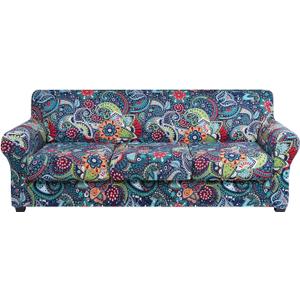 hyha Couch Cover, Floral Pattern, Stretch, Printed, 4 Pieces, Sofa Slipcovers, for 3 Separate Cushion Couch, Washable Furniture Protector for Dogs(Paisley Floral) (Large, Blue Green)