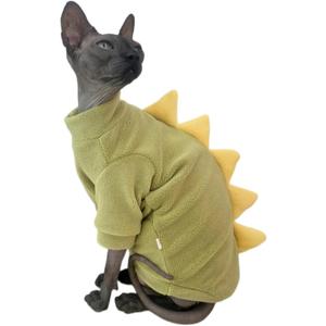 Dinosaur Sphynx Cat Clothes, Soft Polar Fleece Sweater for Cat, Elastic Pet Clothes Thick Winter Warm Outfit for Hairless Cat, Devon, Cornish, Small Dogs Apparel with Sleeves (Green, XX-Large) (XXL (12.5-15 lbs)