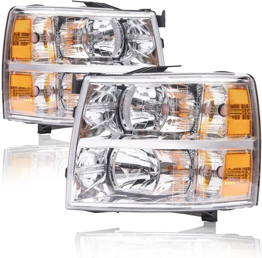 G-PLUS Headlights Assembly, Compatible with Chevy Silverado 2007-2013/Fit Chevy Silverado 2500 HD 3500 2007-2014 Bumper Headlamp, Clear lens Chrome Housing Amber Reflector