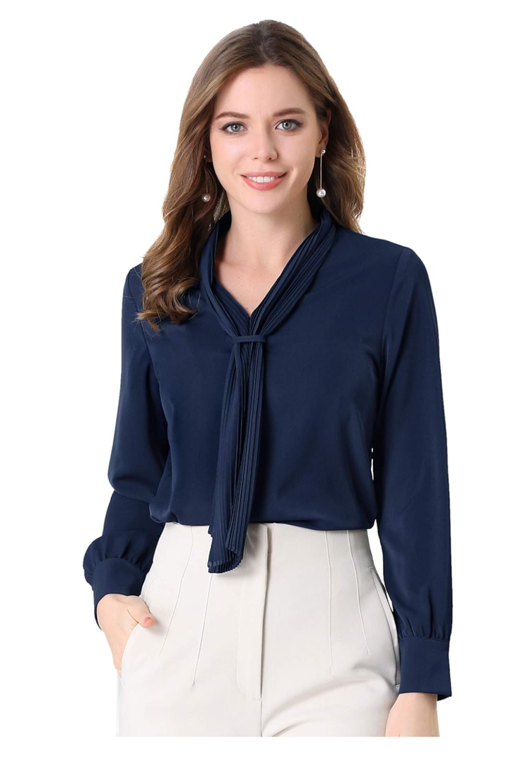 Allegra K Women's Dressy Long Sleeve Blouses Chiffon Pleated Tie Neck Office Top Shirt, Large