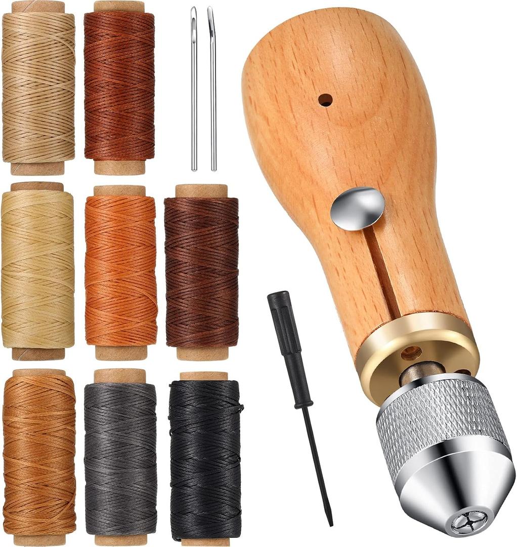 WILLBOND 12 Pcs Leather Sewing Awl Kit Hand Stitcher Including Handheld Sewing Repair Awl Straight and Bent Needles and 8 Rolls Waxed Threads with Small Screwdriver for DIY Craft