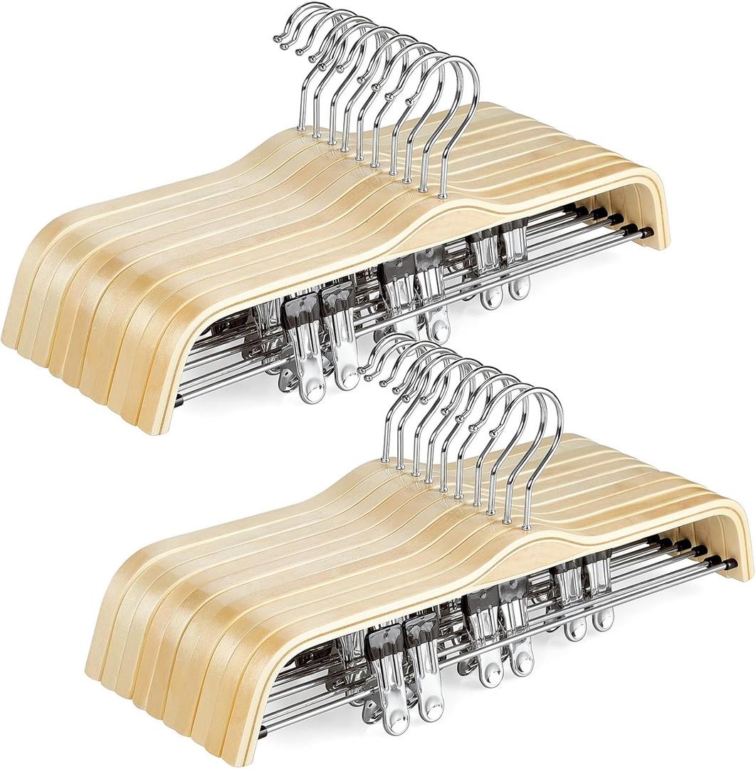 TOPIA HANGER Wooden Pants Hangers,Slim Natural Wood Skirt Hangers with Anti-Rust Hook and Adjustable Metal Clips, Perfect for Skirts, Pants, Slacks-20 Pack-CT17N20