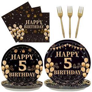 EMrups 96PCS 5th Birthday Party Plates Set Black and Gold Theme Decorations Include Black Gold Plates and Napkins Forks for 5 Year Old Boys Girls Birthday Party Supplies Serves 24 Guests
