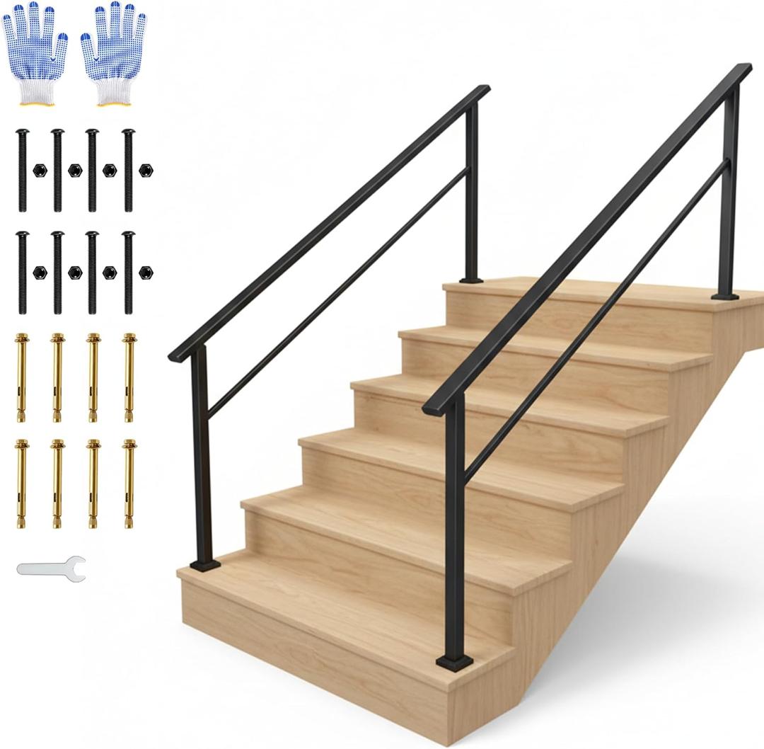 IDEALHOUSE 2 Pack 6 Step Outdoor Stair Handrail Kit, Black Aluminum & Iron Construction for Porch Steps, Easy Assembly Safety Railing, All Hardware & Gloves Included