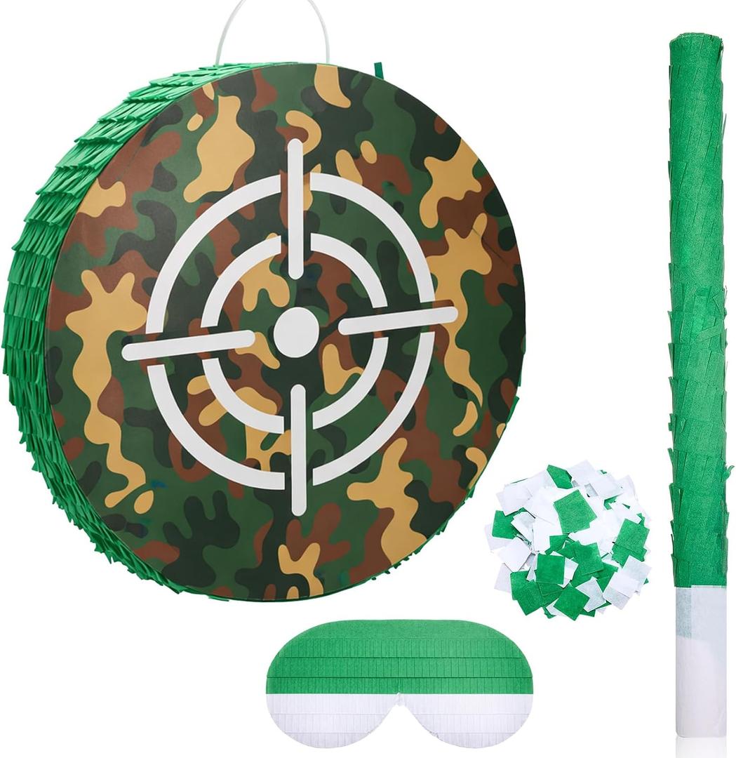 Camouflage Target Piñata, 15.86 Inch Bullseye Piñata with Stick Blindfold Confetti Army Birthday Party Decorations for Dart Gun Camo Hunting Military Theme Party Outdoor Family Game Supplies