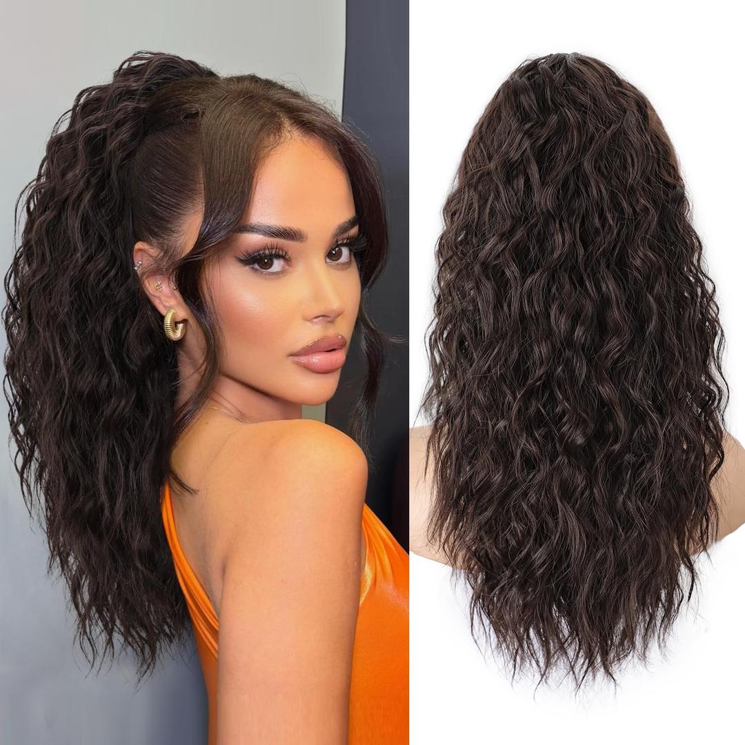 Ponytail Extension, Claw Clip Ponytail Extension 18 Inch Long Dark Brown Curly Clip in Pony Tails Hair Extensions Synthetic Layered Fluffy Clip in Hairpieces for Women