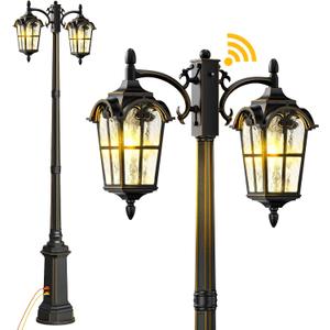 Outdoor Lamp Post Light with GFCI Outlet, Dusk to Dawn Black Outside Pole Lights, Double Head Exterior Street Lighting Fixture for Backyard Driveway Garden Patio Pathway (1)