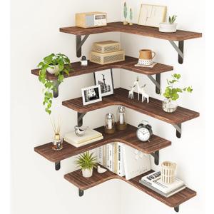 Fixwal Floating Shelves for Wall, Rustic Wood Wall Mounted Corner Shelf for Bathroom, Kitchen, Bedroom, Home Decor, Laundry Room, Living Room, Set of 5 (Dark Carbonized Black)