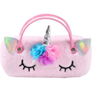 Hifot Plush Hard Eyeglass Case, Makeup Storage Bag Portable Sunglasses Pouch Hard Shell with Handle (Pink)