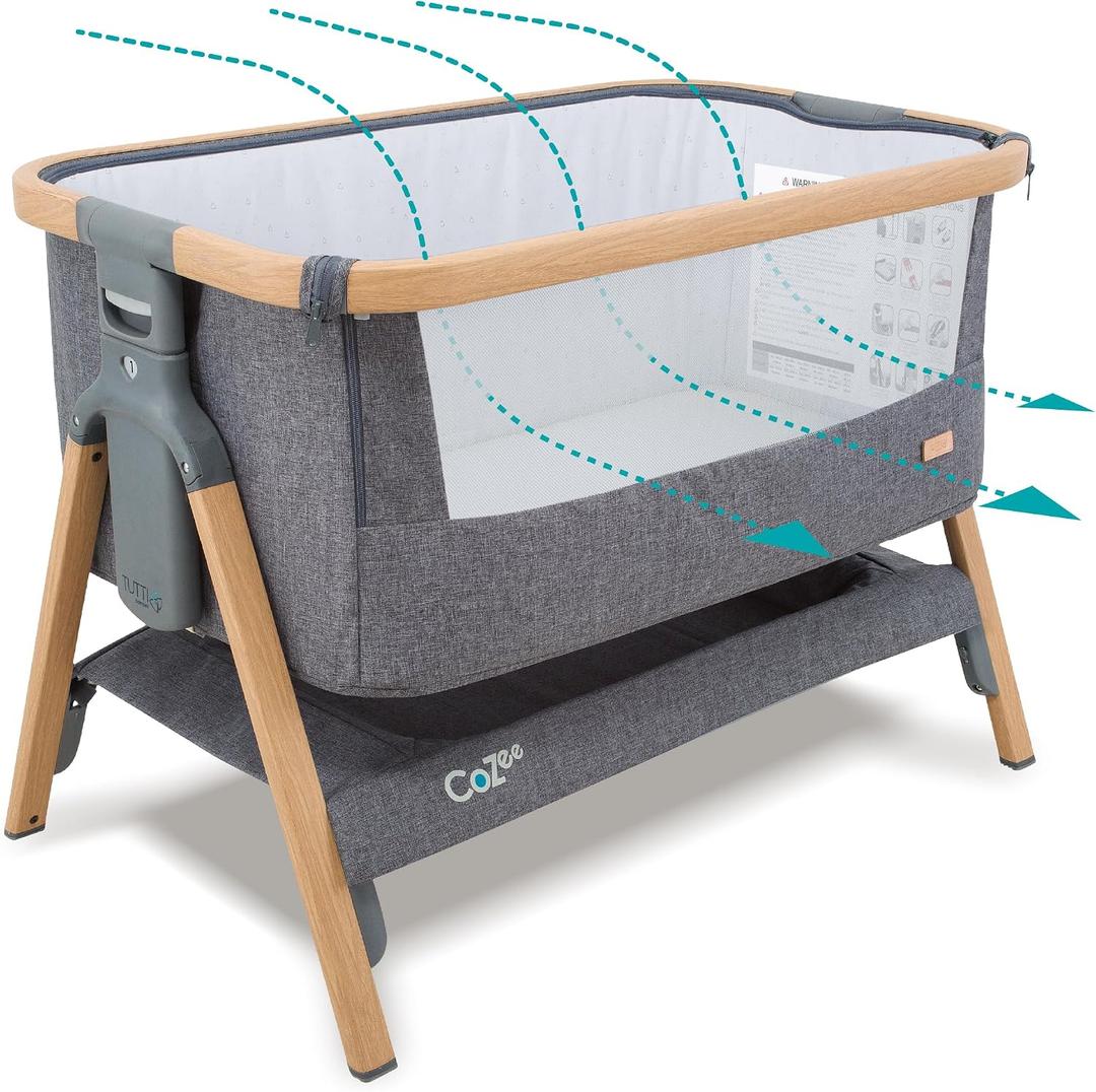 Tutti Bambini CoZee® 2-in-1 Baby Bassinet & Bedside Sleeper - Fast-Folding Bedside Bassinet, Baby Crib with 6 Mattress Heights & Breathable Mesh Window, Mattress Included, 0-6 Months (Oak & Charcoal)