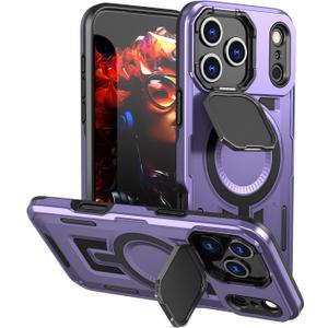 Designed for iPhone 17 Pro Max Case, Full Camera Protection, Built-in Invisible Kickstand, Heavy Duty Rugged Case with Dual-Layer Shockproof, Wireless Charging Compatible (Purple)