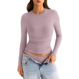 Womens Double Lined Long Sleeve Shirts Crewneck Ruched Top Tight Fitted Basic Tee Fall Going Out Outfits 2026 (Medium, Chalk Pink)