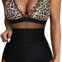 SUUKSESS Women Sexy Mesh Tummy Control Swimsuit Push Up High Waisted Bathing Suit, Size S, Leopard