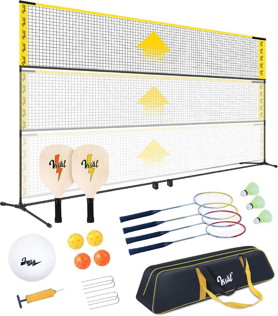 3-in-1 Portable Badminton, Volleyball & Pickleball Net Set for Adults, Adjustable Height 34"7 ft for Backyards or Beach, Outdoor Sports Combo with Carry Bag, Rackets, Paddles & Balls