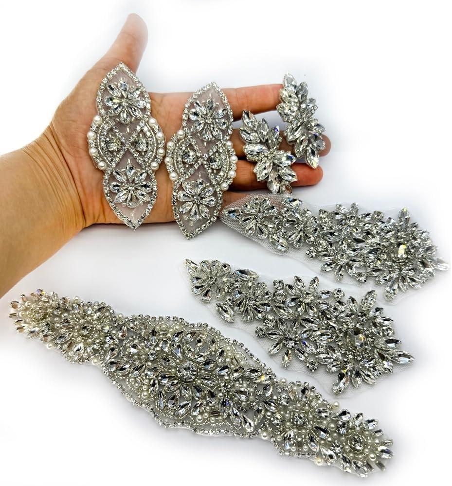 7pcs Silver Glass Diamonds Hot Fix Trimmings - 4 Styles Mixed Hand-Made Rhinestone Appliques with Adhesive Backing for Bridal Gowns,Belts,Shoes,Veils,Bouquets & Fashion Accessories