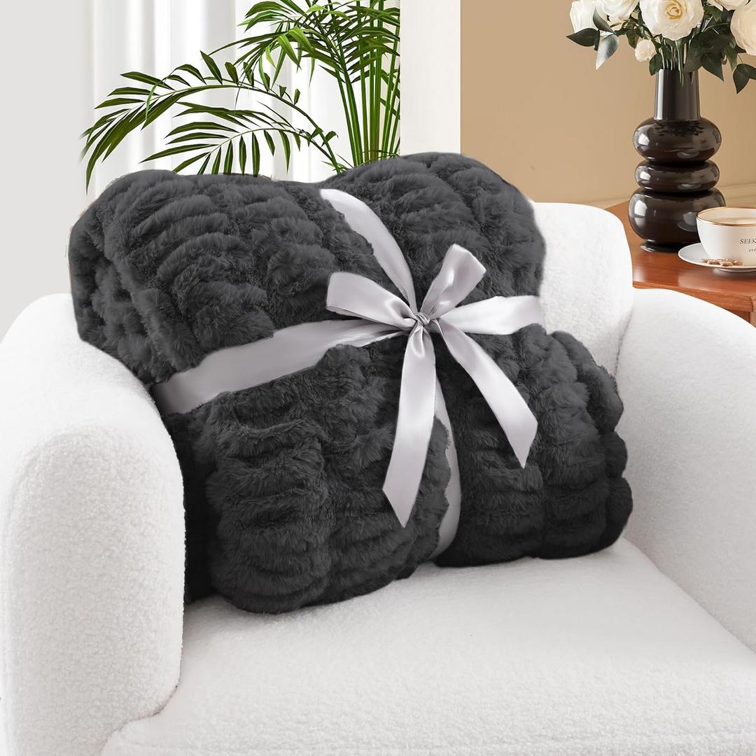 Tejoe Ultra-Soft Faux Rabbit Fur Throw Blanket 50"x60",Cozy Fuzzy & Plush Throw for Couch & Bed, Super Heavy Warm Fluffy Thick Blanket for Sofa Bedroom Living Room Home Decor - Dark Grey