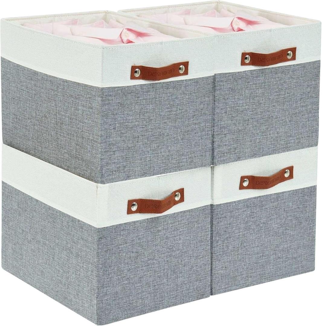 DECOMOMO Kallax Storage Cubes - 13x15x13 Storage Bins, Baskets for Organizing Shelves (Grey and White, 4-Pack)