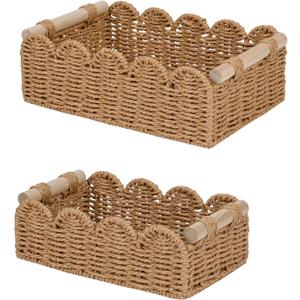 CubesLand Paper Rope Scalloped Edge Decor Baskets for Home, Living Room, Bedroom, Toilet Basket for Over Toilet Storage Shelf, End Table, Shelves and More, Both Storage&Decor, Set 2 Neutral