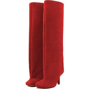 UBWDU Women's Suede Knee High Boots Square Toe Stiletto Heels Wide Calf Tall Boots (7.5, Red)