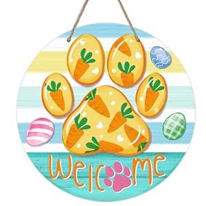 Deroro Welcome Easter Dog Cat Paw Prints Front Door Sign, Carrot Easter Eggs Wood Door Hanger Outdoor Outside Porch Decor, Spring Farmhouse Wooden Wreath Indoor Wall Hanging Decoration Pet Lover Gift