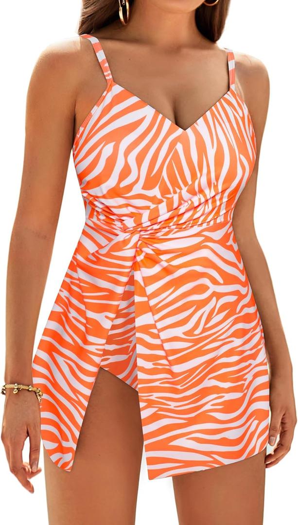 GRACE KARIN Women's One Piece Swim Dress V Neck Tummy Control Swimsuit Vacation Beachwear Bathing Suit (Small, Orange & White Stripes)