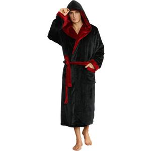 U2SKIIN Mens Hooded Robe, Plush Robes for Men Long Fleece Bathrobe (Large-X-Large, Black/Dark Red Hooded)