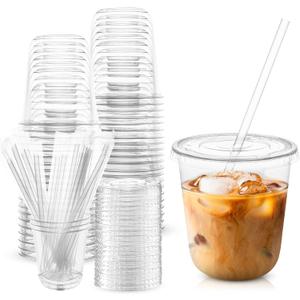 TINSKY 50 Sets Clear Plastic Cups with Lids and Straws, Disposable Iced Coffee Cups Drinking PET for Cold Drinks, Juice, Smoothie, Coffee Shops, Party, Christmas(Clear,12 oz)