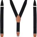 Men's Adjustable Y-Back Suspenders Heavy-Duty Elastic Polyester & Leather with Triple Metal Clips for Jeans (Black)