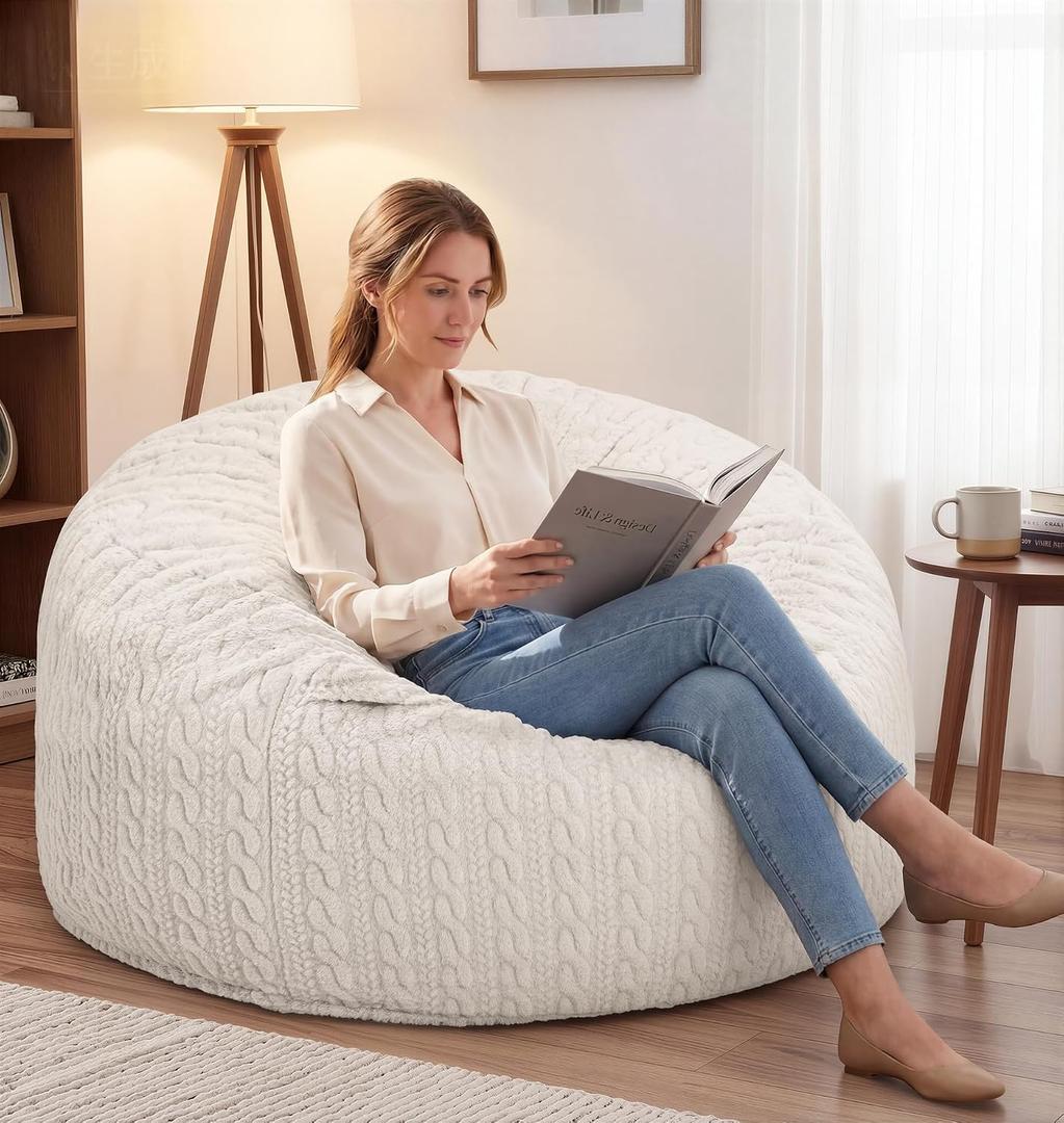 Large Bean Bag Chairs 3FT Big Adults BeanBag Chairs with Filler Memory Foam | Luxurious Braided Fabric,Washable Removable Cover,Comfy Big Bean Bag with Filling Lounging Bedroom Dorm Room | Oatmeal 3FT
