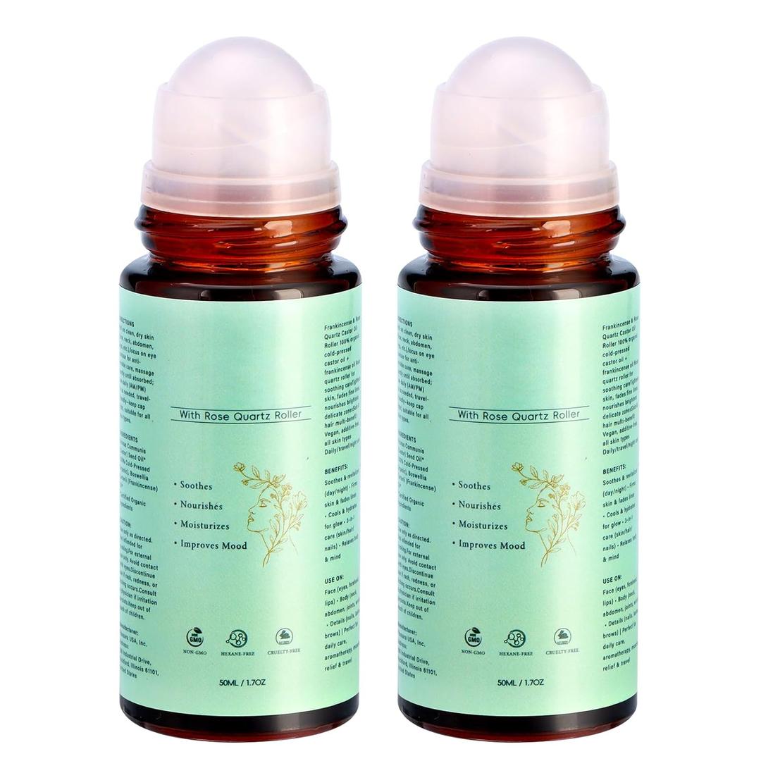 Organic Castor Oil & Frankincense Roll On - 100% Pure Cold-Pressed with Rose Quartz, Firms Skin, Reduces Fine Lines & Hormone Balance for Face, Neck, Abdomen (50ML/1.7OZ, 2PCS)