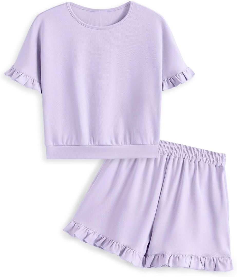 Girls Clothing 2 Piece Summer Set Short Sleeve Tops Shirts Baggy Shorts with Pockets Fashion Outfits for Kids (9-10 Years, Z-purple)