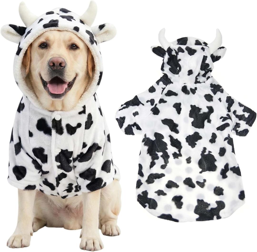 FLAdorepet Halloween Dog Cow Costume Outfits for Small Medium Large Dog Winter Fleece Puppy Jacket Coat Hoodie Funny Dog Clothes Golden Retriever (3XL,White) (3XL(Chest 26.7"|20-30Lbs))