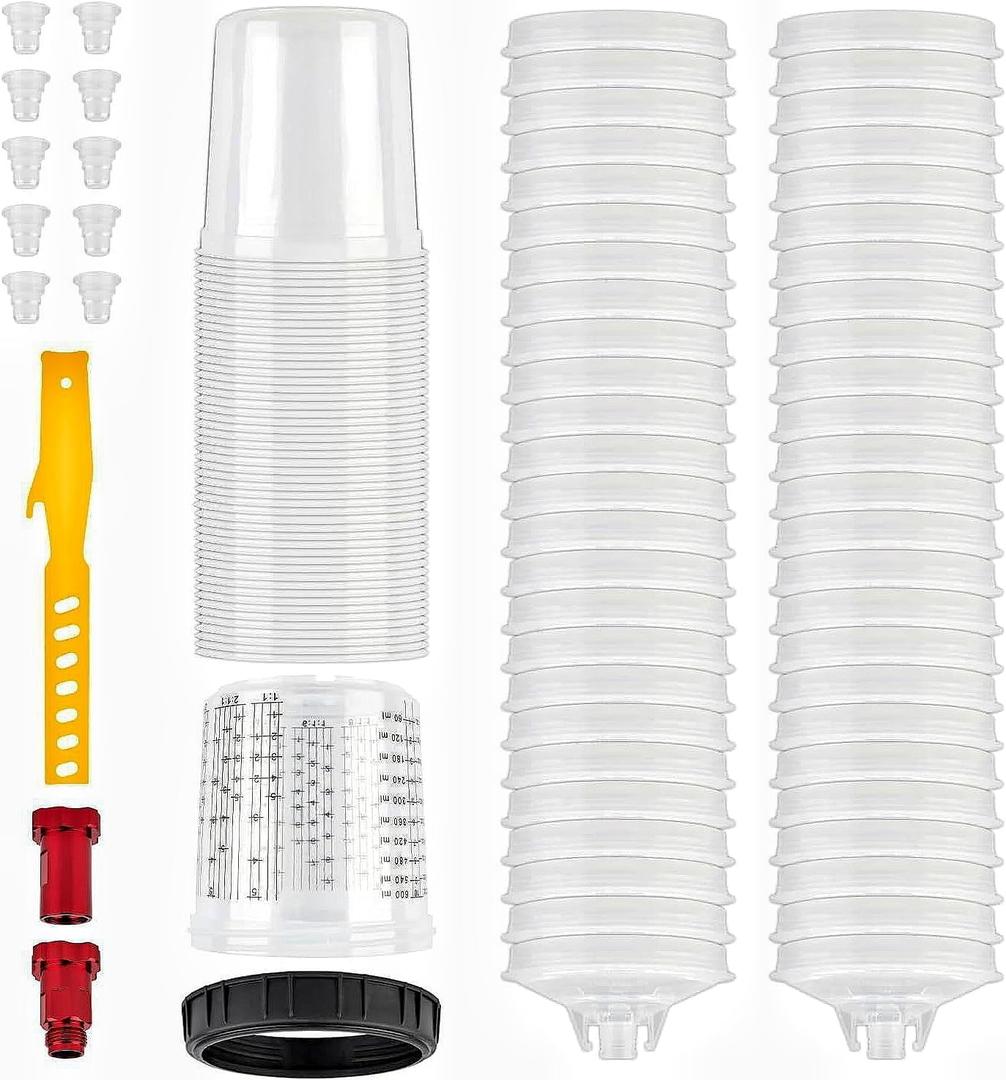 Upgraded Disposable Paint Cup Kit,High-Capacity Mixing Cup System 20 Ounce (600ml) Kit - 50Pack Paint Cups with Lids, Hard Cup with Retainer Ring, 10PCS Plugs, 2 Cup Adapter, Industrial Spray Guns