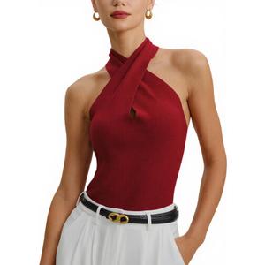 RIHOAS Womens Criss Cross Halter Top Backless Cut Out Sweater Sleeveless Slim Fit Pullover Casual Knit Tank Top (L)