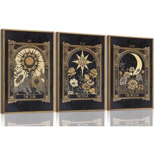 ZZTCYSU Sun and Moon Canvas Wall Art Celestial Framed Wall Art Dark Vintage Tarot Card Prints Gothic Mystical Artwork Astrology Floral Witchy Decor For Living Room Bedroom 12"x16"