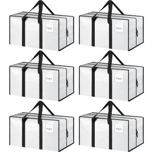 6 Pack Extra Heavy Duty Large Moving Bags with Strong Zipper & Comfortable Handles, Sturdy & Durable Clothes Storage Bags Totes Bins, Packing Moving Boxes for College Supplies, White