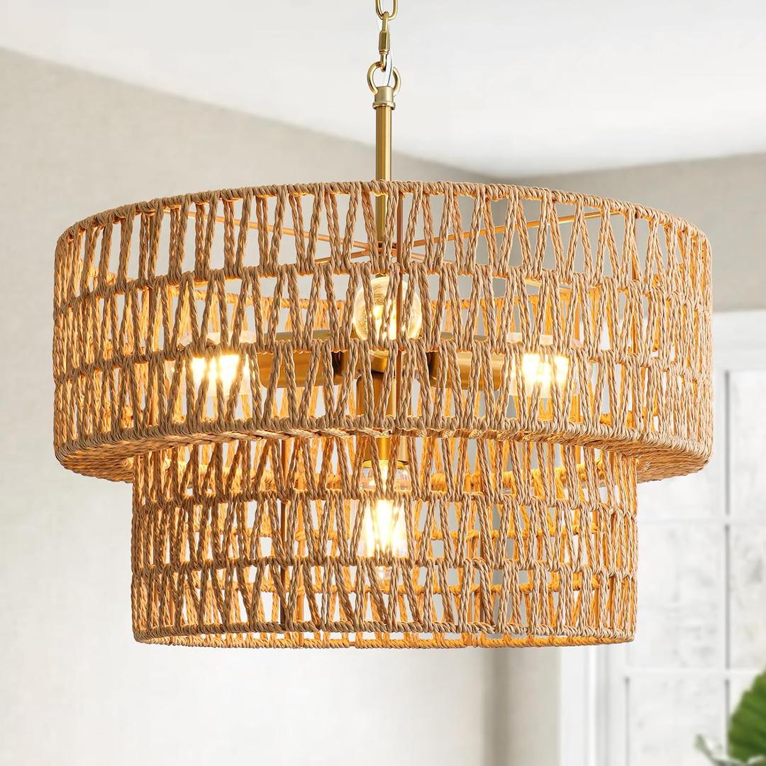 17.8" Boho Rattan Chandelier Light Fixtures, 4-Light Rattan Pendant Light | Hand-Woven, 2-Tier Wicker Shade, Farmhouse Hanging Ceiling Light for Dining Room, Living Room, Kitchen Island, Bedroom