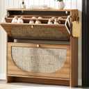 Nicetree Freestanding Ultra Slim Arched Rattan Accent Shoe Storage Cabinet for Entryway - 2 Flip Drawers & 3-Tier Adjustable Shelves, Farmhouse Modern Rustic Shoe Rack for Hallway Foyer,Oak, 35.5" H × 9.5" D × 31.5" W