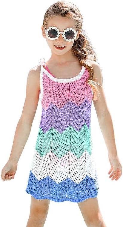 Girls Crochet Bikini Cover Up Beach Swimsuit Sun Protective Pink Spaghetti Strap Mini Dress, with Sunglass, Size 4-5T