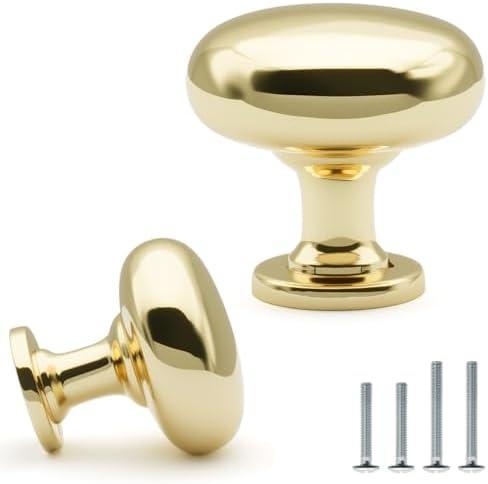 FURFITT 10 Pack Polished Brass Cabinet Knobs 1-1/7 Inch(29mm) Diameter Shiny Polished Gold Round Drawer Knobs Solid Zinc Alloy Dresser Kitchen Cupboard Bathroom Furniture Hardware