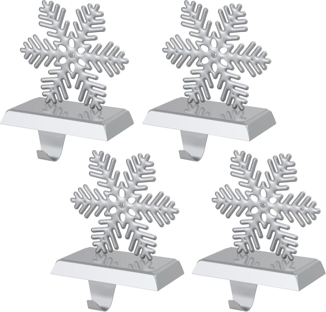 4Pcs Christmas Snowflake Stocking Holders, Snowflake with Diamond Stocking Hanger Mantel Weighted Heavy Metal Stocking Hook Stand with Non-Slip Strips for Tables Window Fireplace Home Decor
