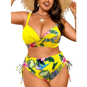 ChiaoLezhee Plus Size Floral Bikini Set, Push Up High Waisted, Beach Vacation, Two Piece Tropical Tummy Control Full Coverage, 3XL