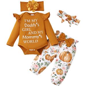 SUNNY PIGGY Newborn Infant Baby Girl Clothes Ruffle Romper Toddler Girl Floral Cotton Pant Sets Girls Clothing Outfit (0-3 Months, Halloween-brown)