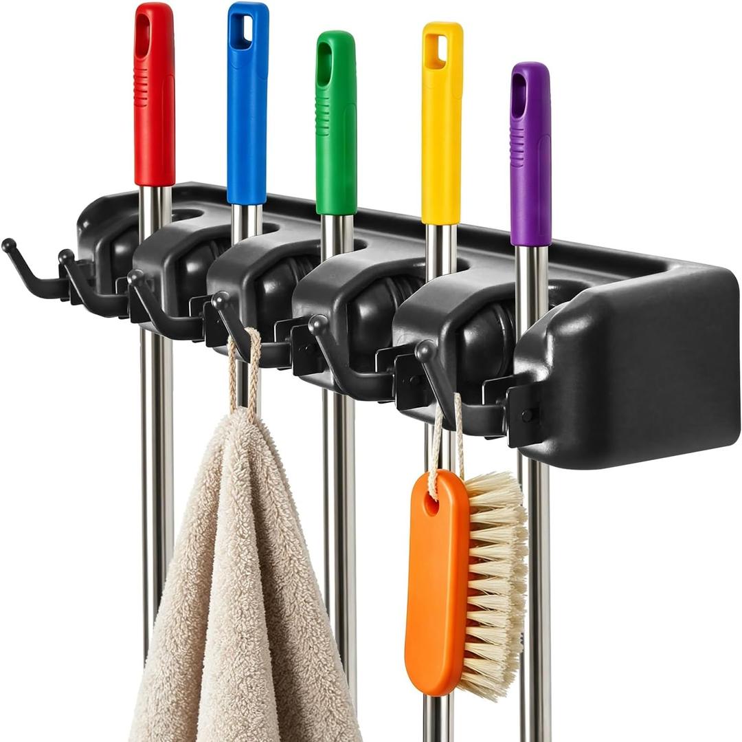 Broom Holder Wall Mount, Heavy Duty Mop Holder Wall Mount with Hooks & Slots, Garage Storage Wall Hanger for Shovel, Rake, Kitchen, Laundry & Shed