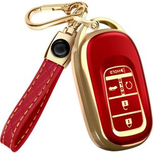 Lucrum Compatible with Honda Key Fob Cover & Leather Keychain - TPU Keyfob Case for Accord Civic CR-V HR-V Pilot Ridgeline, For 5 Button Remote (2022-2026) - Red and Gold