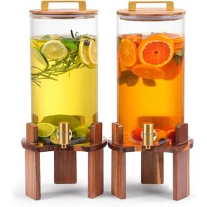 2 PCS 1.5 Gallon Glass Drink Dispenser, Beverage Dispenser With Wood Stand, Lid and Stainless Steel Spigot, Large Water Dispenser for Parties, Perfect for Lemonade, Juice, Tea and Daily Drinks