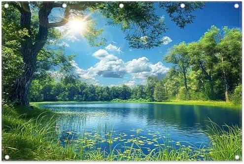 ZTHMOE Fabric 12x8ft Lake Natural Scenery Backdrop River Forest Tree Blue Sky Bokeh Background Picnic Camping Hiking Spring Outdoor Party Decorations Photoshoot Banner Props
