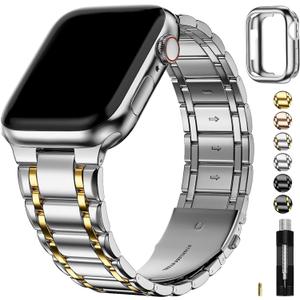 Fullmosa Bands Compatible with Apple Watch Band 45mm 44mm 42mm, Stainless Steel iWatch Band with Case for Apple Watch Series 9 8 7 6 5 4 3 2 1 SE3/2/1, Silver and Gold